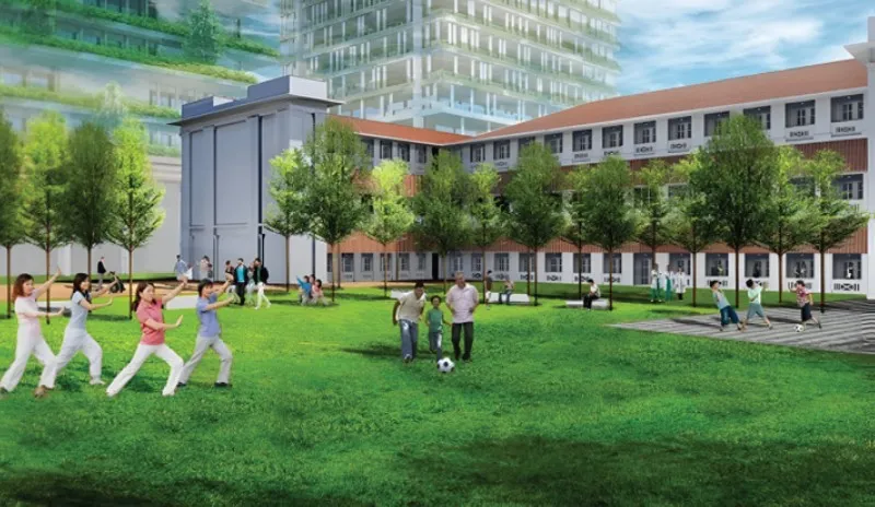 Artist's impression of the redeveloped Alexandra Hospital, with families and residents on the lawn outside the ward blocks.
